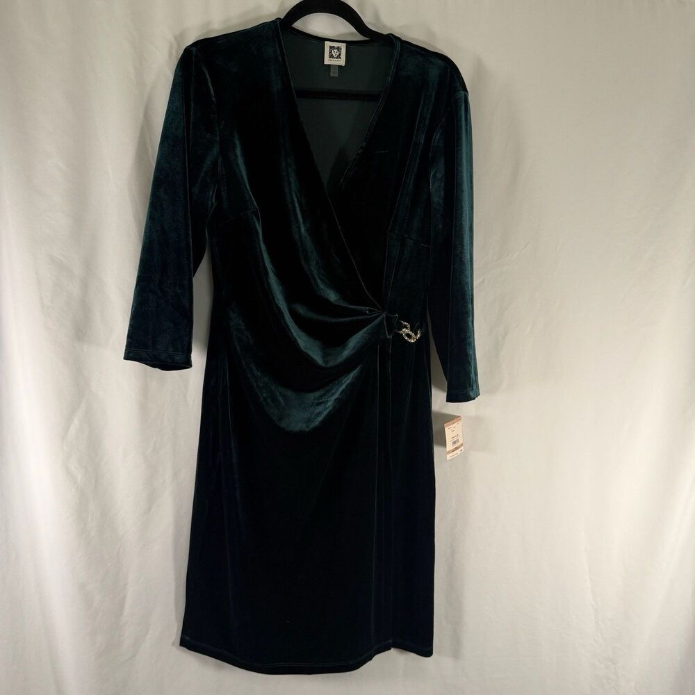 New Ann Klein Velvet Dress Women's 12 Green Pullover Vneck 3/4 Sleeve